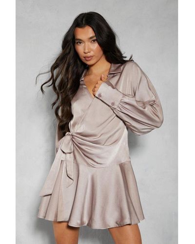 MissPap Satin Plunge Layered Frill Skirt Tie Side Wrap Dress - Brown
