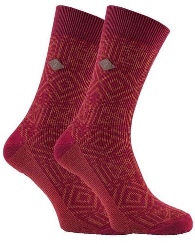 Farah 2 Pack 1920 Knitted Vintage Aztec Patterned Cotton Formal Dress Socks - Red