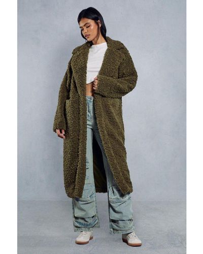 MissPap Longline Oversized Collar Teddy Fur Coat - Green