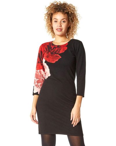 Roman Floral Print Knitted Dress - Red