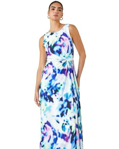 Ariella Abstract Print Twist Drape Ruched Maxi Dress - Blue