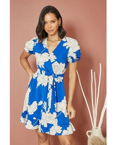 Mela London Blossom Print Wrap Dress With Puff Sleeves - Blue