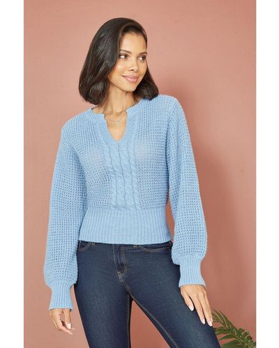 Yumi' Blue Balloon Sleeve Cable Knit V Neck Jumper