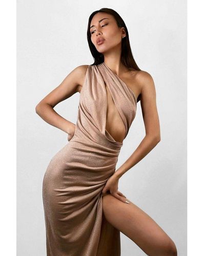 MissPap Shimmer Double Layer Cut Out Drape Maxi Dress - Brown