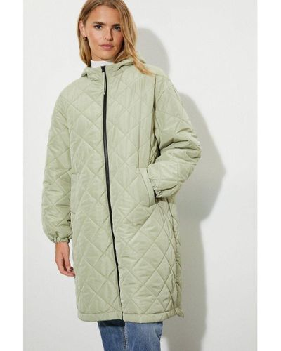Dorothy Perkins Oversized Hooded Diamond Quilted Parka Coat - Green