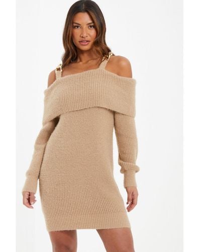 Quiz Knitted Cold Shoulder Jumper Dress - Natural
