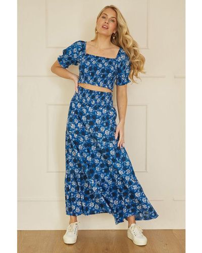 Yumi' Cotton Voile Floral Ruched Crop Top - Blue