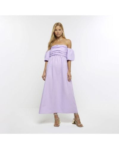 River Island Bardot Midi Dress Ruched Cotton - Purple
