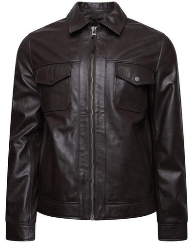 Barneys Originals Brown Leather Harrington - Black