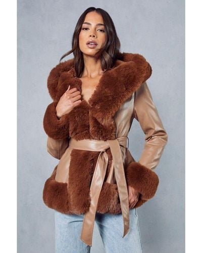 MissPap Faux Fur Leather Look Belted Coat - Brown
