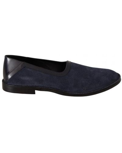 Dolce & Gabbana Blue Leather Perforated Slip On Loafers Shoes - Black
