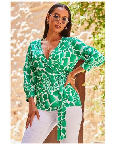Sosandar Morocco Print Wrap Jersey Top - Green