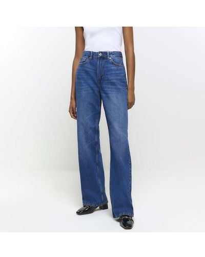 River Island Straight Jeans High Waisted Relaxed Cotton - Blue