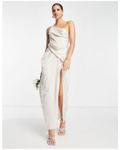 ASOS Satin One Shoulder Strappy Maxi Dress With Slit - White