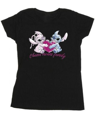Disney Ladies Lilo And Stitch Ohana Heart With Angel Cotton T-Shirt () - Black