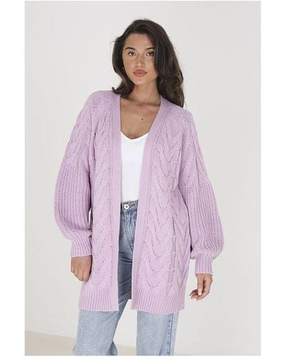 Brave Soul 'Cabella' Cable Detail Cardigan With Balloon Sleeves - Purple