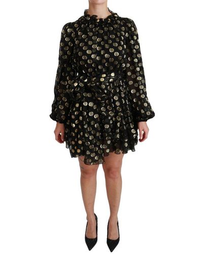 Dolce & Gabbana Zwart Gouden Lurex Polka Dots Zijden Uitlopende Jurk