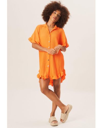 Gini London Plisse Ruffle Detail Mini Shirt Dress - Orange
