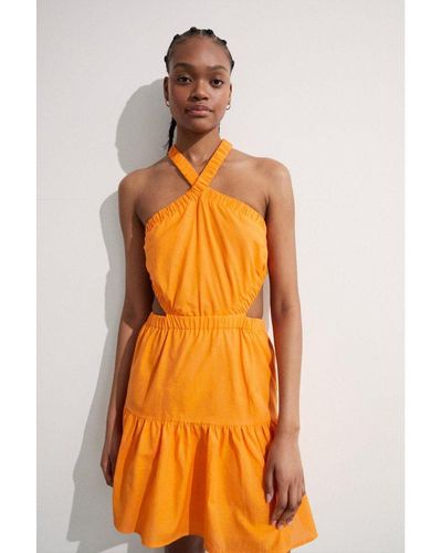 Warehouse Cotton Cross Back Cut Out Mini Dress - Orange