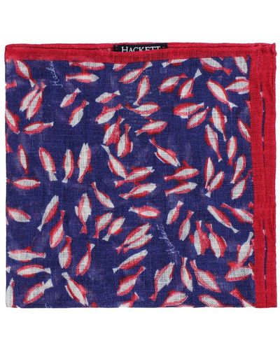 Hackett Linen Printed Koi Fish Navy/red Hank Handkerchiefs - Blue