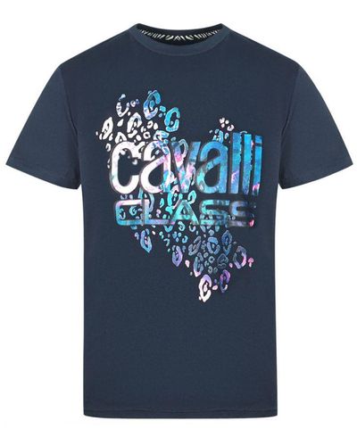 Class Roberto Cavalli Bold Leopard Print Logo T-Shirt - Blue