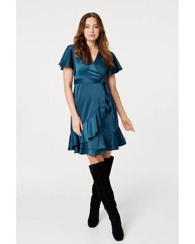 Izabel London Frill Detail Short Wrap Dress - Blue