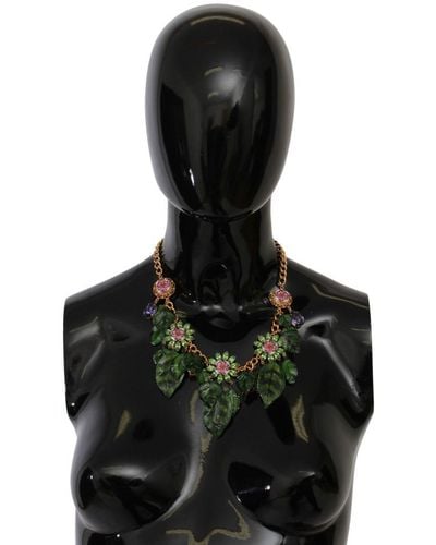 Dolce & Gabbana Floral Crystal Charm Gold Brass Statement Ketting - Meerkleurig