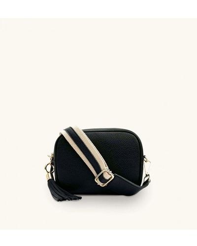 Apatchy London Black Leather Crossbody Bag With & Canvas Strap
