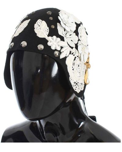 Dolce & Gabbana Black Wool White Floral Gold Leaf 's Hat - Zwart