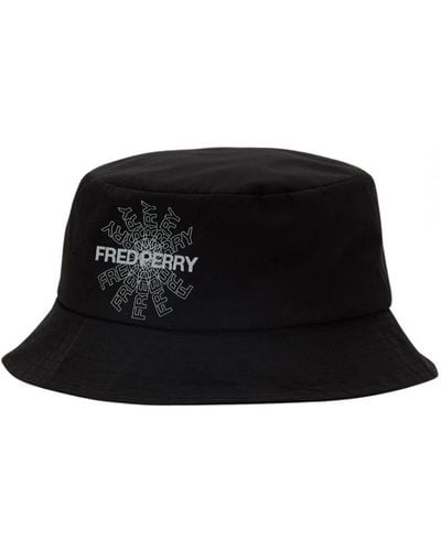 Fred Perry Graphic Print Logo Canvas Black Bucket Hat