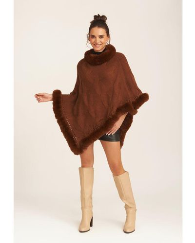 Gini London Fur Trim Knit Cape - Brown