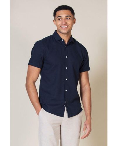 Nines Linen Blend Short Sleeve Button-Up Shirt - Blue