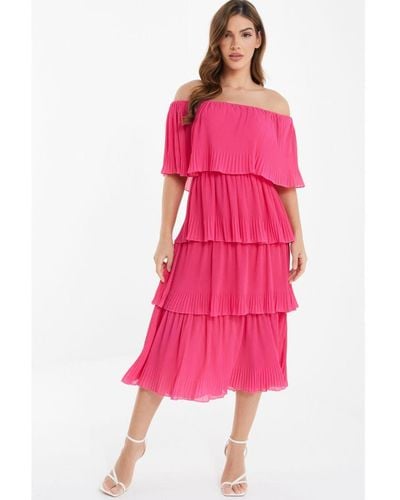 Quiz Bardot Tiered Midaxi Dress - Pink