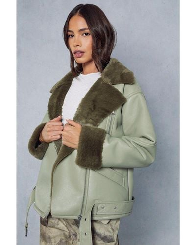 MissPap Fur Lined Oversized Leather Look Aviator Coat - Green