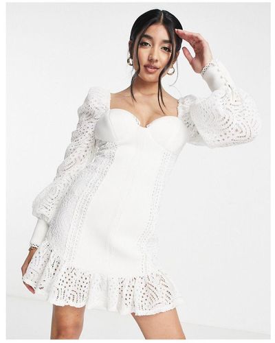 ASOS Lace Sleeve Bust Cup Mini Dress With Pep Hem - White