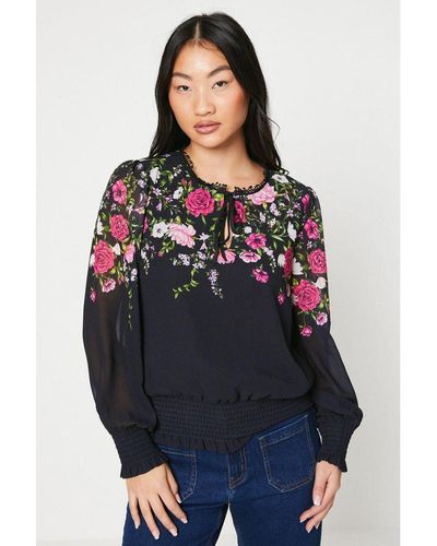 Oasis Petite Floral Tie Neck Shirred Top - Blue