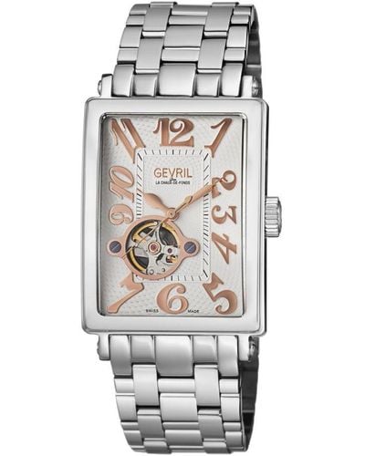 Gevril 5070B Avenue Of Americas Open Heart Dial Iprg Numerals Steel Bracelet Watch - White
