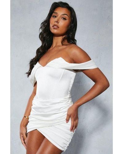 MissPap Premium Satin Bardot Ruched Skirt Bodycon Mini Dress - White