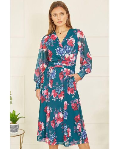 Yumi' Floral Print Stretch Mesh Dress With Pockets - Blue