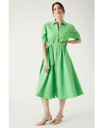 MAINE Green Poplin Midi Shirt Dress Cotton