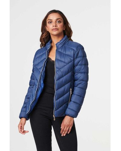 Izabel London High Neck Zip Front Puffer Jacket Nylon - Blue