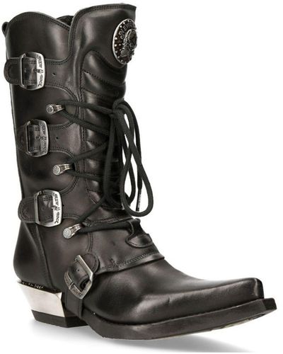 New Rock Leather Cowboy Buckle Boots- M-7993-S1 - Black