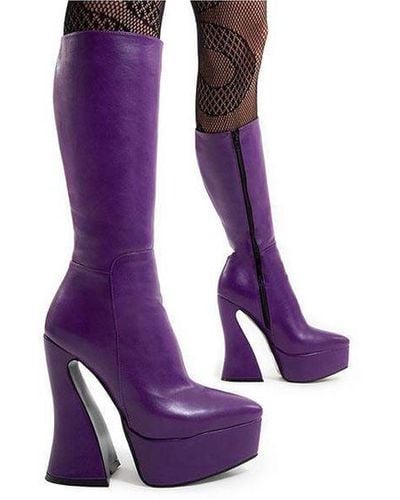 LAMODA Calf Boots Sketchy Pointed Toe Platform Heels With Functional Zip - Purple