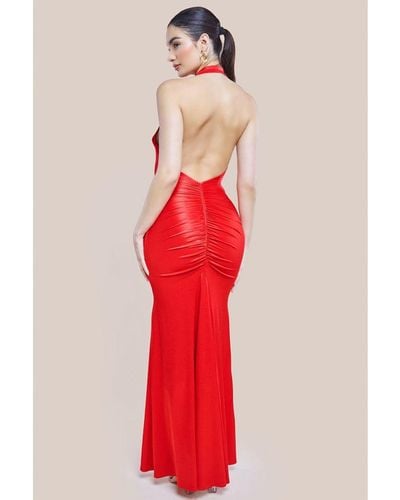 Goddiva Halter Cowl Neck Back Maxi Dress - Red