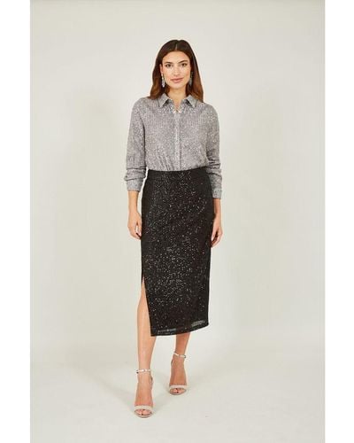Yumi' Sequin Fitted Skirt With Front Slit - White