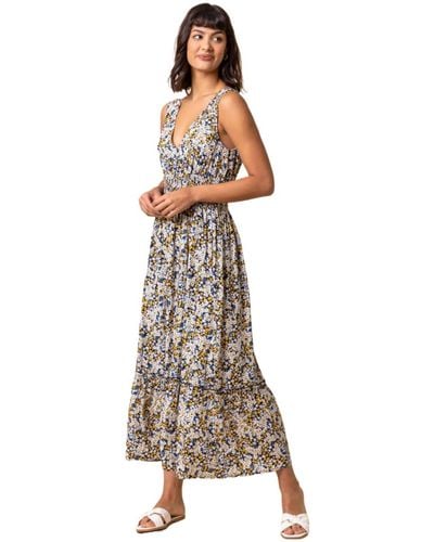 Roman Ditsy Floral Shirred Waist Midi Dress - Multicolour