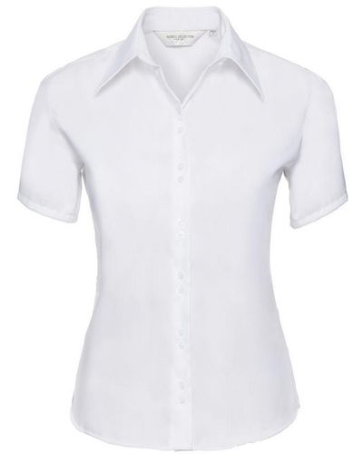 Russell Collection Ladies/ Short Sleeve Ultimate Non-Iron Shirt () Cotton - White