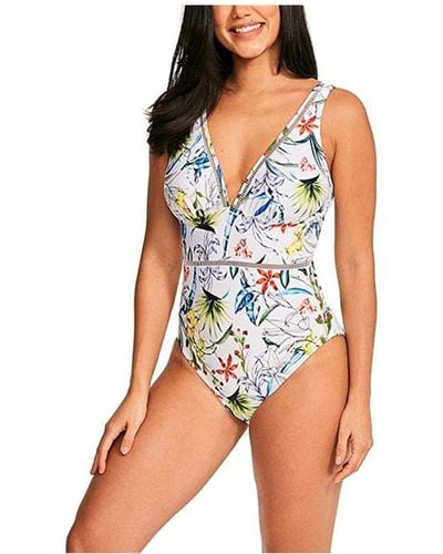 Figleaves Botanical Garden Plunge Shaping Swimsuit Nylon - Blue