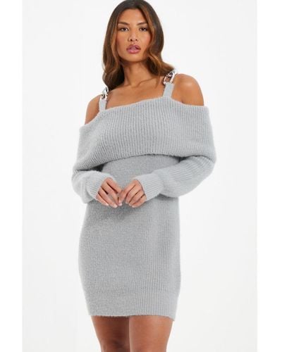 Quiz Knitted Cold Shoulder Jumper Dress - Grey