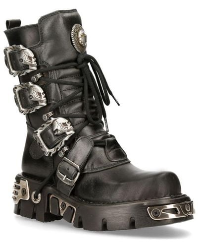 New Rock Mid-Calf Gothic Leather Boots-391-S1 - Black